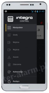 Aplikacja Satel Integra Control - widok menu uzytkownika