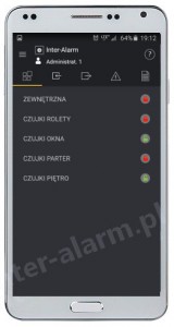 Aplikacja Satel Integra Control - menu stref do uzbrajania alarmu